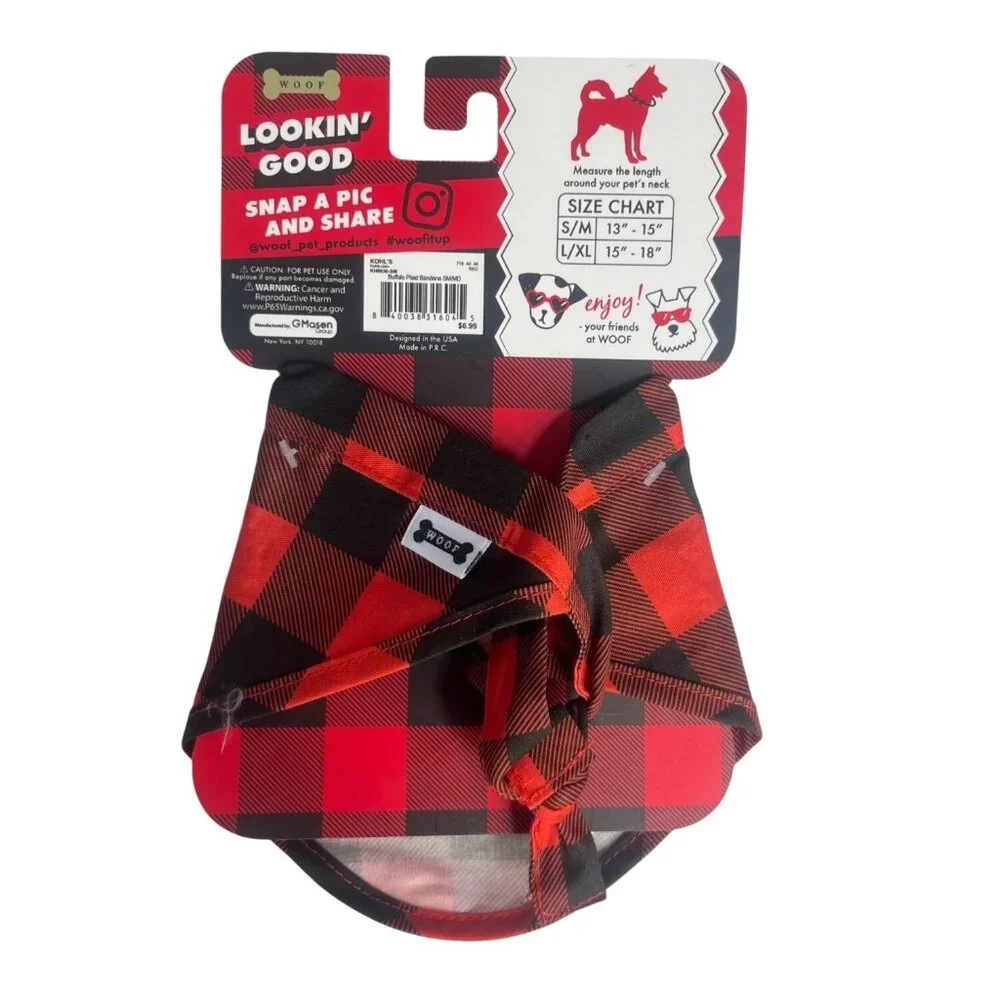 Buffalo Plaid Pet Bandana S/M Red Black‎ Paw Print By Woof Adjustable Cotton